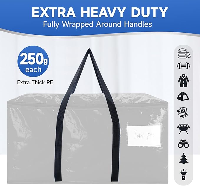 8-pack extra-large moving bags - zinc alloy zipper, webbing edging, sturdy handles, durable construction, PE plastic material, suitable for university dormitories and home organization.