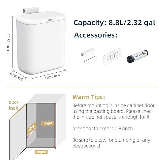 MUEE Hanging Compost Bin for Kitchen Cabinet Door - 2.4 Gal Small Trash Can with Lid, Under-Sink Food Scraps Collector, Slim Odorless Waste Bin for Apartment Essentials & RV - White