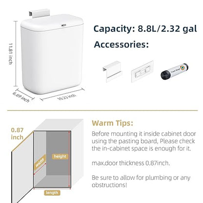 MUEE Hanging Compost Bin for Kitchen Cabinet Door - 2.4 Gal Small Trash Can with Lid, Under-Sink Food Scraps Collector, Slim Odorless Waste Bin for Apartment Essentials & RV - White