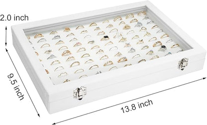 Velvet Ring Display Tray Organizer Box with Transparent Lid, 100 Slot Ring Holder Showcase For Store Display Jewelry Show Home, Ring Organizer For Rings Earrings (Ivory)