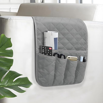 AUVCAS Sofa Armrest Organizer Non-Slip Arm Chair Bedside Caddy Storage Organizer for Recliner Couch with 5 Pockets for Cell Phone TV Remote Control Magazines (Grey)