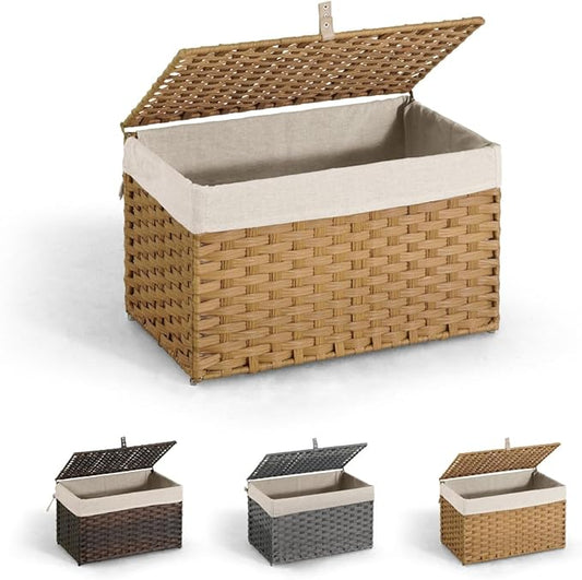 CAPHAUS Handwoven Storage Basket w/ Lid & Handles, 2 Removable Liner Bags, Foldable Clothes Basket for Laundry, Large Synthetic Rattan Laundry Basket, 65L, Natural