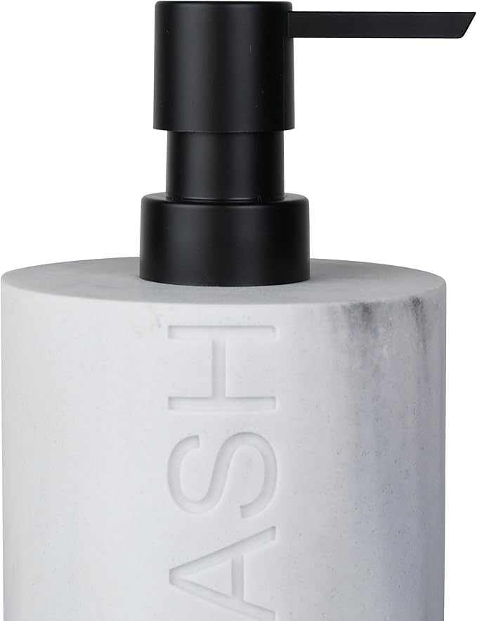 Indecor Home Resin White Marbled Body Wash Engraved Bottle Refillable Pump Dispenser, Durable Waterproof Construction for Bath, Shower - Resin White Marble - Matte Black Pump