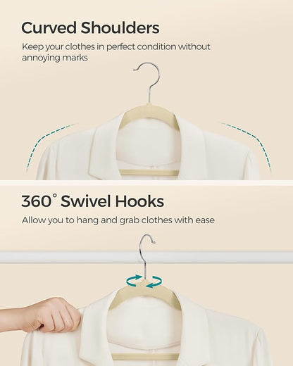 SONGMICS Velvet Hangers 50 Pack, Non-Slip Clothes Hangers, Suit Hangers with Shoulder Notches, Pants Bar, 360° Swivel Hook, Space-Saving, for Closet, Sand Beige UCRF029K05