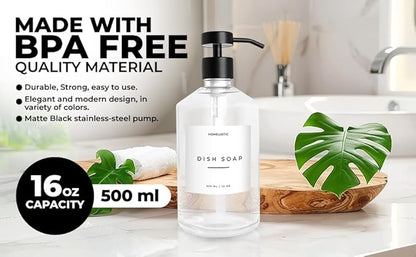 Luxury Glass Soap Dispenser Set of 2 - Elegant Clear Glass Bottles with Matte Black Stainless Steel Pumps, Kitchen Soap and Bathroom Hand Soap Dispenser, Perfect Pump All Homes.