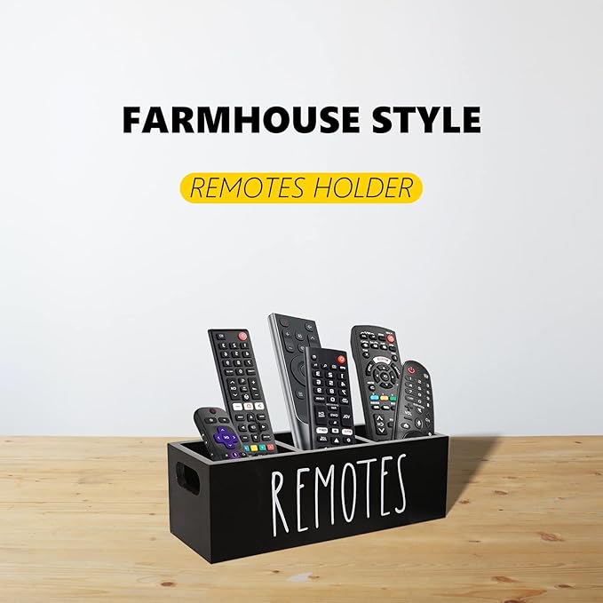 CHONIC Remote Control Holder, Farmhouse Remote Storage Caddy, Bedside TV Controller Box, Rustic Wood Media Organizer Tray for Home Bedroom Table (Black)