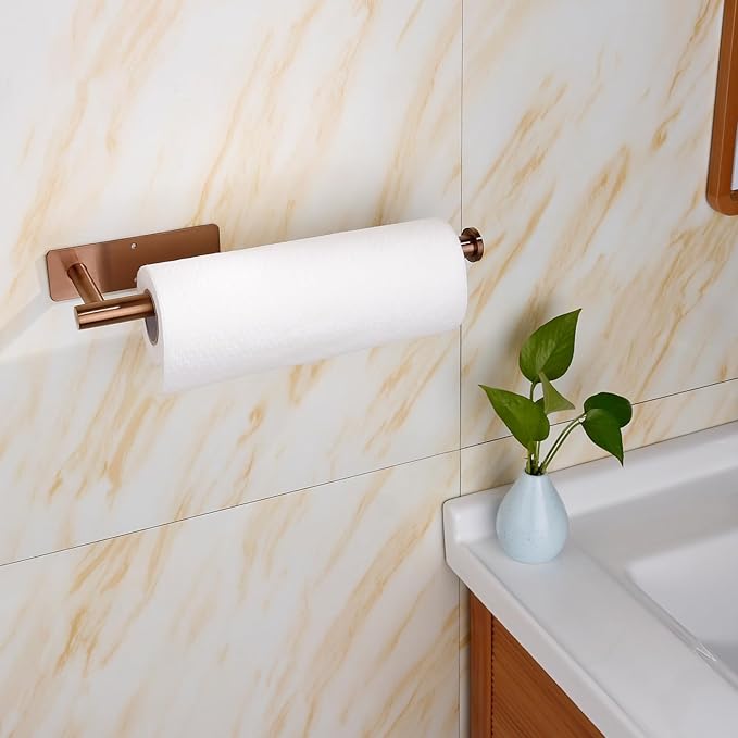 Paper Towel Holders,Paper Towels Rolls,Paper Bulk- Self-Adhesive Under Cabinet Wall Mount Countertop,Both Available in Adhesive and Screws,for Kitchen, Pantry, Sink, Bathroom，Stainless Steel Rose Gold