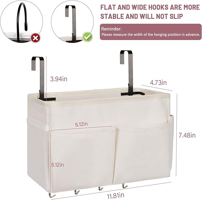 Frjjthchy Bedside Storage Organizer 5 Pockets with 4 Hooks Hanging Storage Bag for Headboards/Bunk Bed (White)