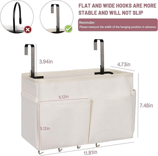Frjjthchy Bedside Storage Organizer 5 Pockets with 4 Hooks Hanging Storage Bag for Headboards/Bunk Bed (White)
