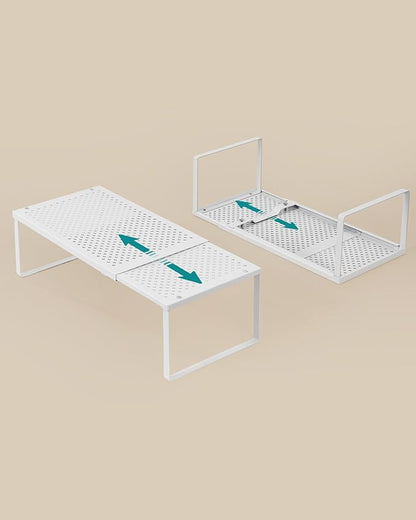 SONGMICS Set of 2 Expandable Pantry Kitchen Organizers, Adjustable Spice Rack, Stackable Cabinet Organizers, Metal, Space-Saving Tabletop Shelves, Matte White UKCS402W01