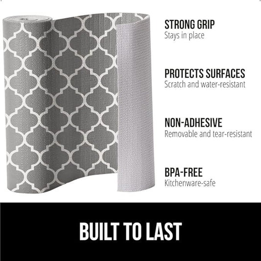 GORILLA GRIP DripGuard Shelf Liner, Non Adhesive Drawer and Kitchen Cabinet Protector, Slip Resistant BPA Free Smooth Surface Plastic Liners for Cabinets, Bathrooms, Closets, 12x240 Inch, White Gray