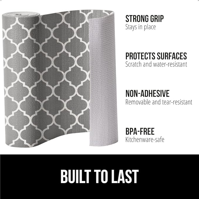 GORILLA GRIP DripGuard Shelf Liner, Non Adhesive Drawer and Kitchen Cabinet Protector, Slip Resistant BPA Free Smooth Surface Plastic Liners for Cabinets, Bathrooms, Closets, 17.5x240 Inch, White Gray