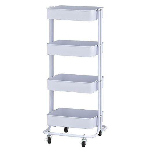 ECR4Kids 4-Tier Metal Rolling Utility Cart, Multipurpose Storage, White