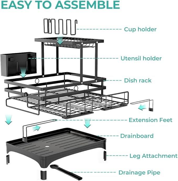 HANLE 2 Tier Dish Drying Rack - Large Extendable Dish Rack, 2-in-1 Anti-Rust Stainless Steel Dishrack for Kitchen Counter and Sink, Dish Strainer with Utensil Holder & Cup Holder(Black)