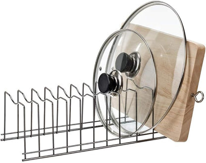 SANNO Pan Pot Lid Holder Organizer, Rack Kitchen Organizer for Plates, Cutting Boards Bakeware, Cooling, Pots & Pans, Serving Trays,Lids Holder Rack,Nickel, 10 Dividers