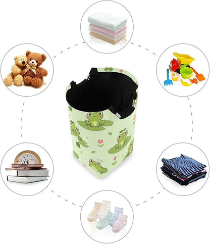 Laundry Hamper Basket Frog Leaves Green Storage Basket Collapsible Clothes Hamper with Handle Decorative Blanket Basket for Blanket Toys Bathroom Dorm College