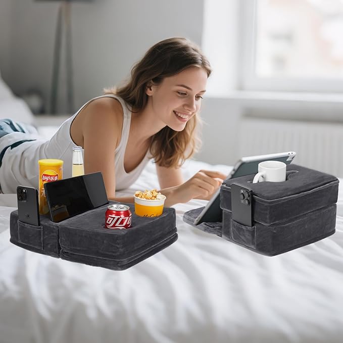 Couch Cup Holder Tray Pillow, Large Sofa Organizer Caddy with 6 Holes and Side Pocket Bed Refreshment Tray for iPad, Drinks, Remotes, Phones, Snacks, Removable & Washable (Grey)
