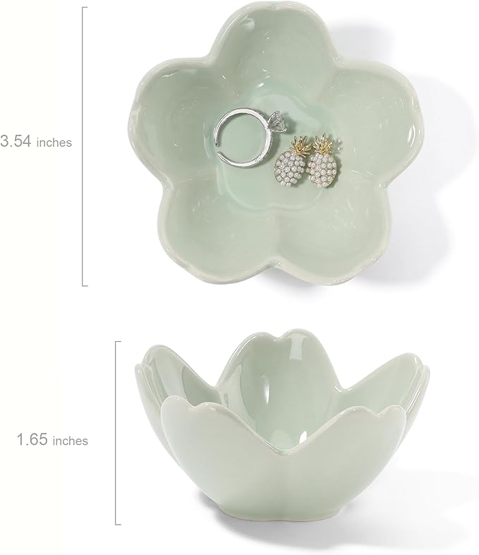 YZMICSTAR Flower Ring Dish Holder,Jewelry Dish Tray,Small Trinket Tray,Jewelry Plate Bowl,Key Bowl,Decorative Plate,Birtdhay Christmas Gifts for Women Friends,Ceramic Kiln effect Green