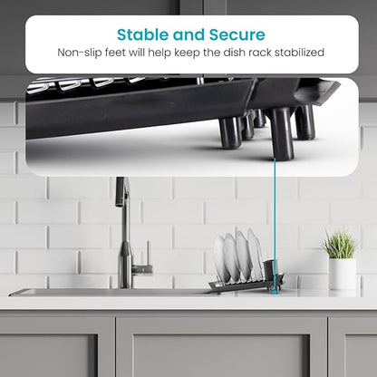 Home Zone Living Small Collapsible Dish Drying Rack for RVs and Small Kitchens with Adjustable Length and Utensil Caddy