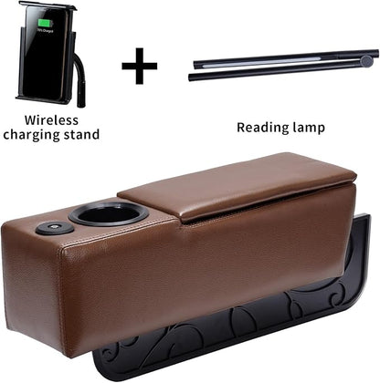 Sofa Armrest with Cup Holder, PU Leather Multifunctional Couch Arm Rest Insert, Removable Couch Caddy with Storage, Equipped with LED Reading Light & Wireless Charge Stand