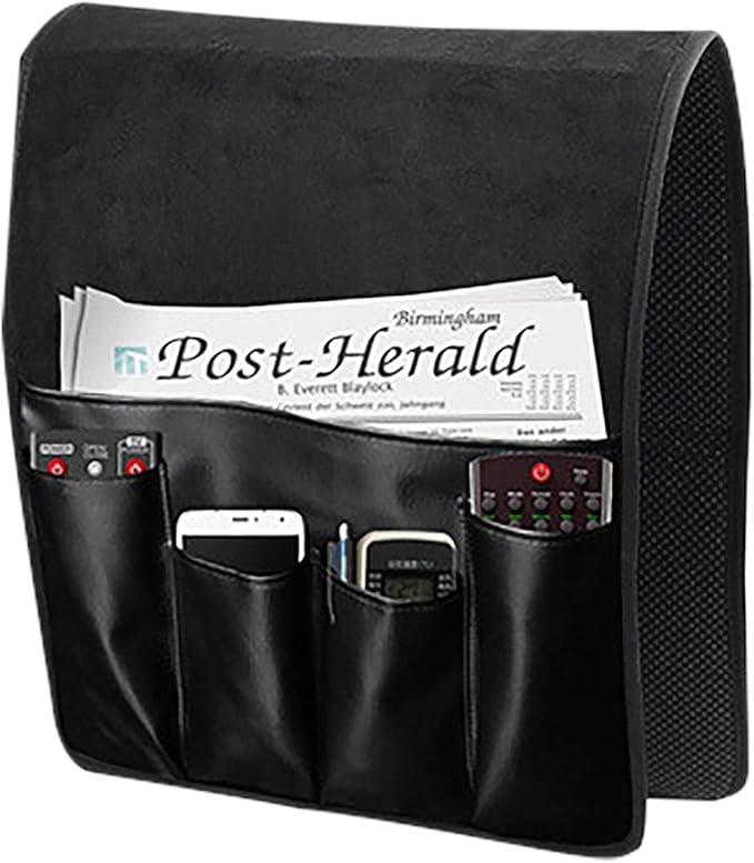 IPENNY No-slip Leather Sofa Couch Remote Control Holder Chair Armrest Caddy Pocket Organizer Storage Bag for Cellphone Tablet Notepad Book Magazines DVD Eyewears Drinker Snacks Holder Pouch