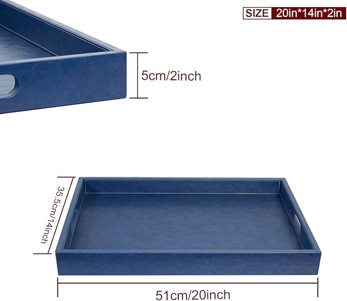 20 * 14 inches Leather Rectangle Serving Tray with Hole Handles,High-End Light Large Service Tray for Ottoman Tray, Tea, Food, Butler - Countertop, Kitchen,Family Dinner, Picnic (Blue)