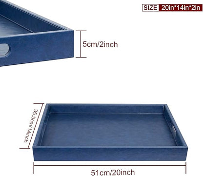 20 * 14 inches Leather Rectangle Serving Tray with Hole Handles,High-End Light Large Service Tray for Ottoman Tray, Tea, Food, Butler - Countertop, Kitchen,Family Dinner, Picnic (Blue)
