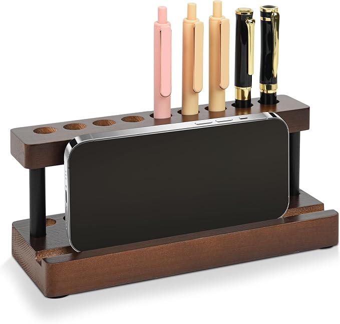 Wooden Pen Holder for Desk, Pencil Holder Wood Fountain Pens Display Stand with 9 Slots and Cell Phone Holder, Pen Organizer for Office, Home