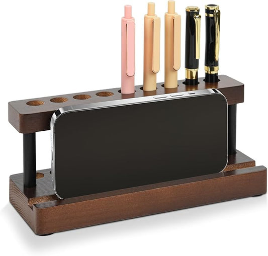 Wooden Pen Holder for Desk, Pencil Holder Wood Fountain Pens Display Stand with 9 Slots and Cell Phone Holder, Pen Organizer for Office, Home