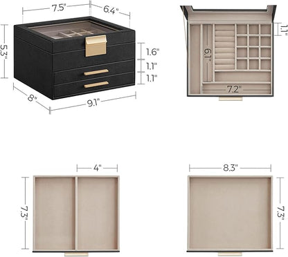 SONGMICS Jewelry Box Organizer with Glass Lid, 3-Layer Jewelry Storage, with 2 Drawers, Modern Style, 8 x 9.1 x 5.3 Inches, Graphite Black and Gold Color UJBC239B03