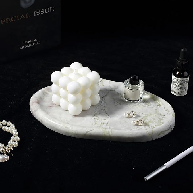 BCS Marble Jewelry Tray Trinket Dish, Decorative Cloud Vanity Key Tray for Women, Perfume Ring Holder Dish for Ring Earring, Cute Jewelry Plate Bowl Aesthetic Room Decor, Bianco Palomino