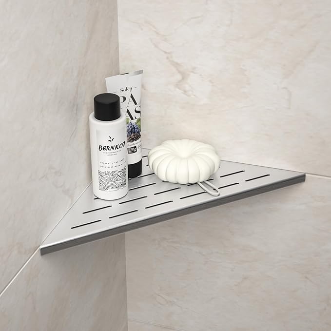 Bernkot Corner Shower Shelf, 12" Brushed 304 Stainless Steel Slot Design Recessed Corner Shelves 2 Pack Bathroom Grout in Shelf for Tiled Wall, Large Size
