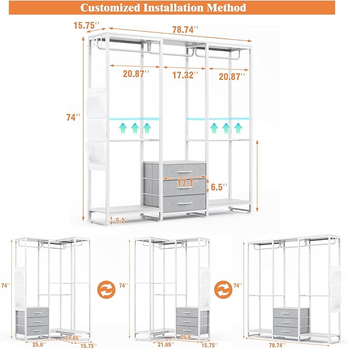 Garment Rack Heavy Duty Clothes Rack for Hanging Clothes, Freestanding Clothing Rack with 3 Fabric Drawers, Adjustable Closet Racks, Corner L Shaped Closet System Organizers, Gray & Light Wood Grain