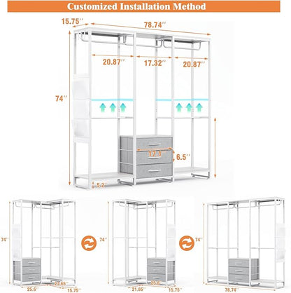 Garment Rack Heavy Duty Clothes Rack for Hanging Clothes, Freestanding Clothing Rack with 3 Fabric Drawers, Adjustable Closet Racks, Corner L Shaped Closet System Organizers, Gray & Light Wood Grain