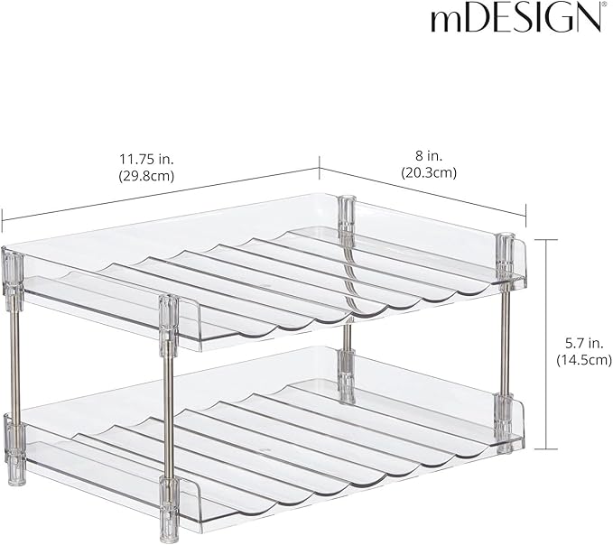 mDesign Free-Standing Stackable 2-Tier Bottle Holder, 8 Small Bottles or 6 Large Bottles of Water, Wine - Drink Organizer Shelf for Kitchen Countertop, Cabinet, Pantry, Fridge, Freezer, Clear/Polished