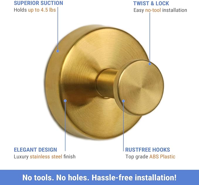 Season 2 Season Suction Cup Hooks for Shower, Heavy Duty Wreaths Hangers for Glass Door Window, Towel Hook No Drill Holder on Smooth Wall, Mirror, Tile for Home (4Pcs Gold)