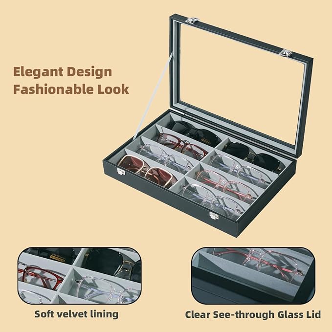 XHMQYC Glasses Holder Box Drawer Sunglass Organizer for Men Clear Wide Storage Case 8 Slots Multiple Reading Glasses Display, Black Leather With Clear Glass Lid