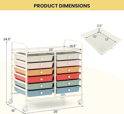 Giantex 12 Drawers Rolling Cart, Mobile Storage Drawer Cart, Classroom Organizer Cart for Office School Supplies Tools Scrapbook Paper Craft Small Printer, Utility Cart on Wheels, Macaron