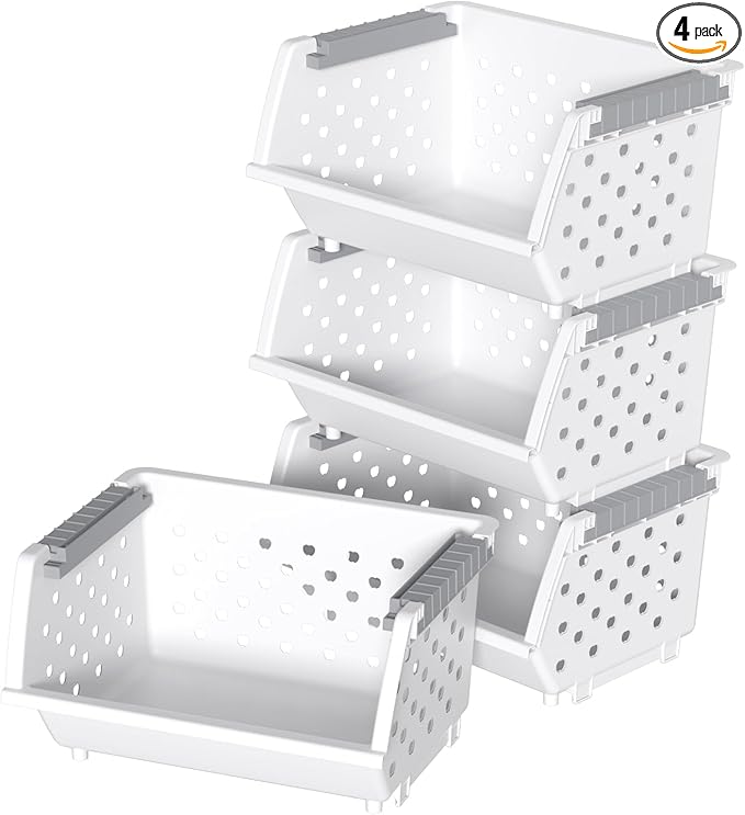 Vcansay 4 Packs Plastic Stackable Storage Basket, Large Stacking Baskets, Open Front Stacking Plastic Bins, White