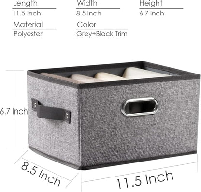PRANDOM Fodable Storage Bins for Closet [3-pack] Decorative Fabric Storage Baskets Cubes with Leather/Metal Handles for Shelves Bedroom Living Room Grey (11.5x8.5x6.7 Inch)