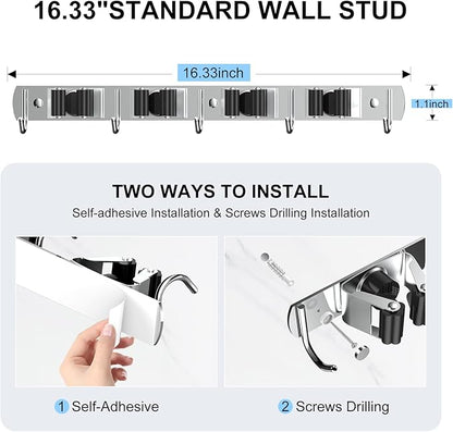2 Pack Broom Holder Wall Mount Mop Hanger, Stainless Steel 4 Racks 5 Hooks Self Adhesive Heavy Duty Tool Organizer for Garage Kitchen Garden Laundry Room Home (Silver）