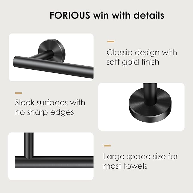 FORIOUS Black Towel Bar for Bathroom Wall, 24 Inch Stainless Steel Towel Racks for Bathroom, Includes Wall Mounting Hardware (Matte Black,Total Length 26-Inch), 2 Pack
