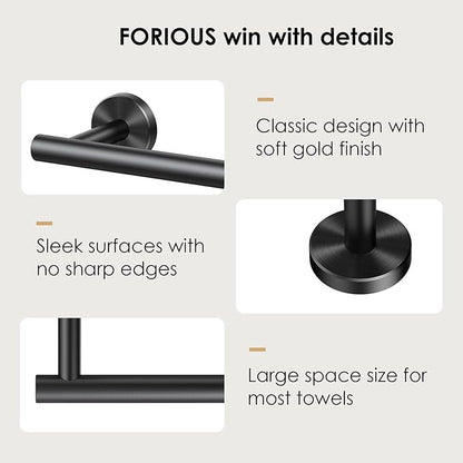 FORIOUS Black Towel Bar for Bathroom Wall, 24 Inch Stainless Steel Towel Racks for Bathroom, Includes Wall Mounting Hardware (Matte Black,Total Length 26-Inch), 2 Pack