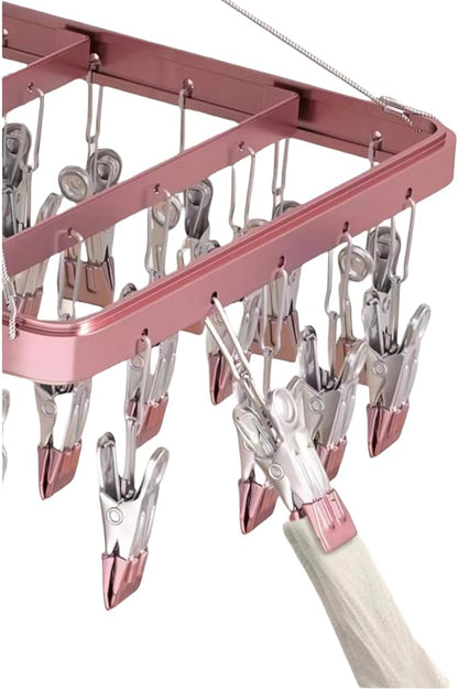 Clothes Drying Racks Clip Hangers Metal with 36 Clips Windproof Hook Underwear Hanger Foldable Laundry Clip for Socks Bras (Pink)