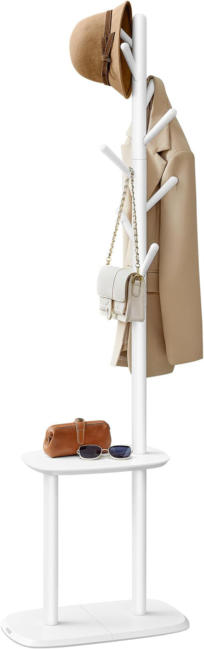 VASAGLE Coat Rack, Free Standing Coat Stand, Hall Coat Tree with 8 Hooks and Storage Shelf, 67.2 Inch Tall, for Coats, Hats, Bags, for Entryway, Hallway, Bedroom, Cloud White URCR040W01