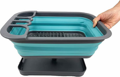 SAMMART 7.3L (1.9 Gallon) Collapsible Plastic Dish Drainer with Drainer Board - Foldable Drying Rack Set - Portable Dinnerware Organizer - Space Saving (Grey/Crystal Blue)