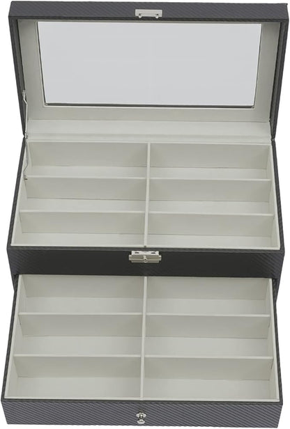 DouSeiAi 3 Layer Sunglasses Storage Box, 18 Grids of Glasses Organizer, Lockable Eyewear Display Case with Drawer (Grey)