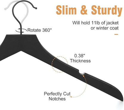 TOPIA HANGER Black Wooden Hangers, Rubber Wood Clothes Hangers with Rotatable Black Hook and Smooth Cut Nothces, Set of 12 for Coats, Suits, Jackets, Sweaters, Dresses - CTS01B
