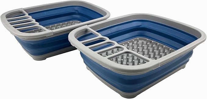 SAMMART 8 litres (2.11Gallons) Collapsible Plastic Dish Drainer - Foldable Drying Rack - Portable Dinnerware Organizer - Space Saving Kitchen Storage Tray (Grey/Mist Blue (Set of 2))