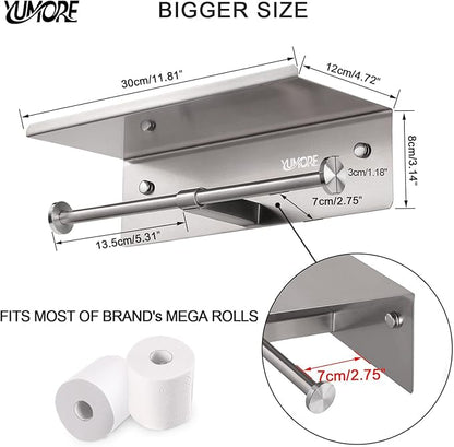 YUMORE Toilet Paper Holder, 304 Stainless Steel Bathroom Double Roll Tissue Holder with Shelf, Wall Mounted Washroom Dual TP Dispenser Storage, Flushable Wipes Dispenser, Brushed Nickel Finish